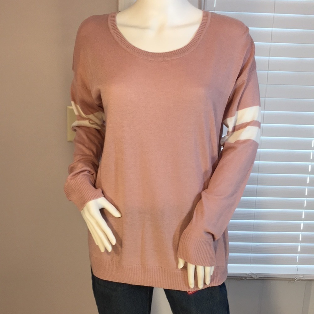 Pink Rose Long Sleeves Strip Knit Pink Cream Longline Pullover Sweater Size L